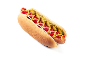 Hot dog with with cucumber and onion on white