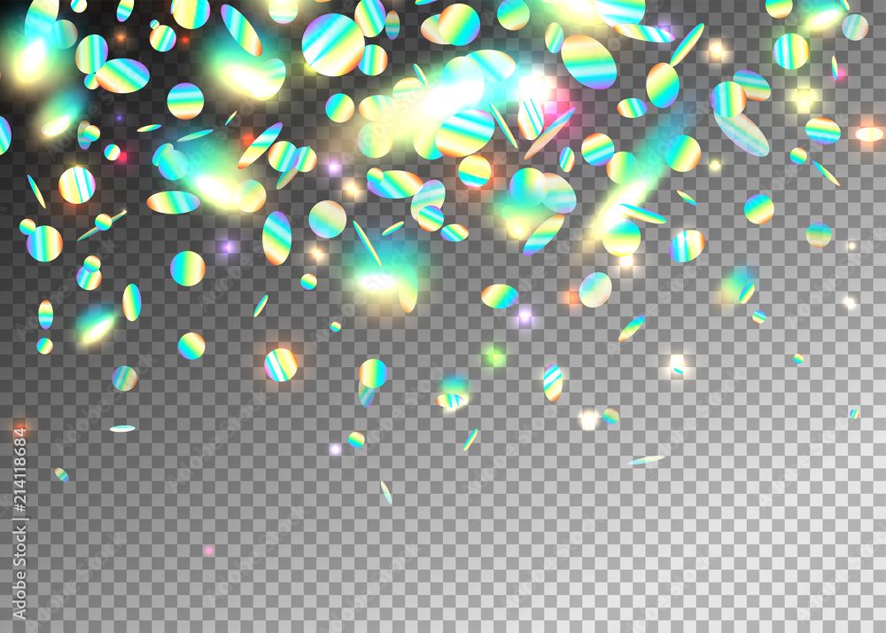 Poster rainbow holographic effect background with glitter, neon, light foil particles. iridescent round sha