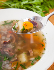 Spoon with soup from chicken stomachs and vegetables on a plate background