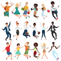 Fototapeta na wymiar Jumping and dancing happy young people in casual and formal clothes. Flat cartoon vector jump characters set. Jumping male, jumping female.