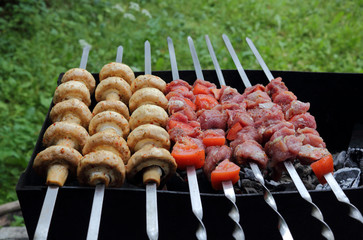 Kebab and mushrooms grilling on the skewers on the charcoals