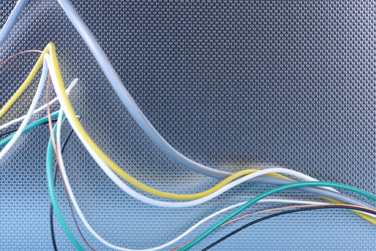 Futuristic flow of data, electric cable on metal background