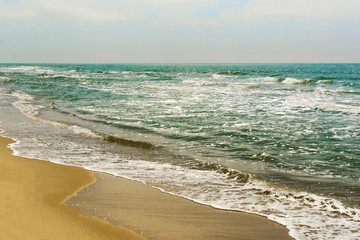 Soft beautiful ocean wave on sandy beach. Background.