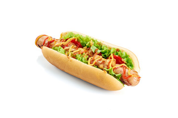 Hot dog with fried onion and tomatoes on white