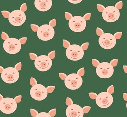 Funny piglets, seamless pattern, green, vector. Face pink pigs against a green background. Vector flat pattern. Pigs are laughing, different emotions.  