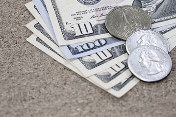 Close Up Of US dollar money including Coins and Banknote, Selective Focused. Financial And Macro Economic Concept, top down angle shooting, macro photography.