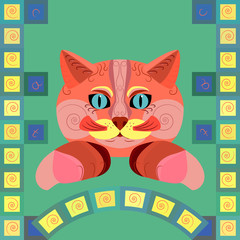 Cartoon colorful cat on a green background.  Illustration for children.