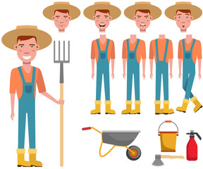 Young gardener in straw hat holding rake character set with different poses, emotions, gestures. Part of body, garden cart, dispenser, axe. Can be used for topics like agriculture, farm, occupation