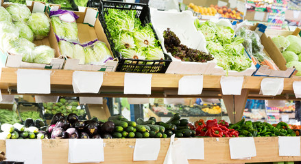 Fototapeta na wymiar Showcase with vegetables in greengrocery
