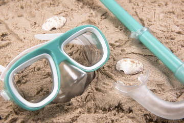 Beach background image of a snorkel set on golden sand with sea shells 