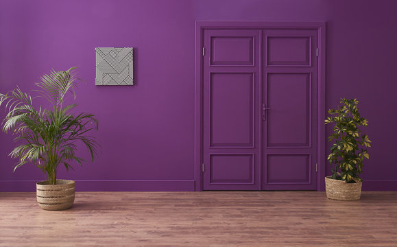 purple living room with door detail and vase of plant style.