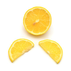 Fototapeta na wymiar Lemons creative slice and half isolated on white background. Yellow tropical fruit. Flat lay, top view