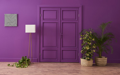 Fototapeta premium modern room classic door and purple living room style with lamp vase of plant