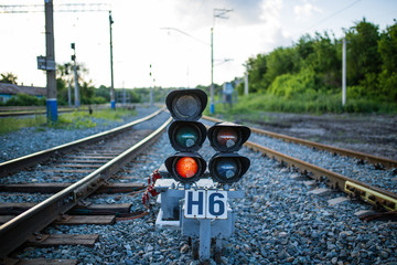 Movement of the train passing by the railway, red lights flash. The LED position indicator on the...