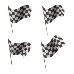 Set of four black and white racing sports final crossed checkered box with shadow isolated on white background vector illustration.