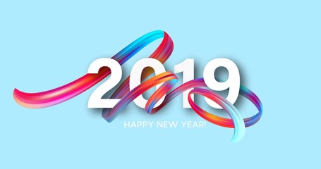 Obraz premium 2019 New Year on the background of a colorful brushstroke oil or acrylic paint design element. Vector illustration