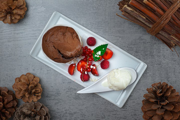 Ice cream with strawberries, mousse dessert served at restaurant - obrazy, fototapety, plakaty