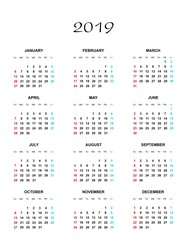 Simple color calendar for the year 2019. The names of days and months in a row and Sunday marked red, saturday blue on a white background 