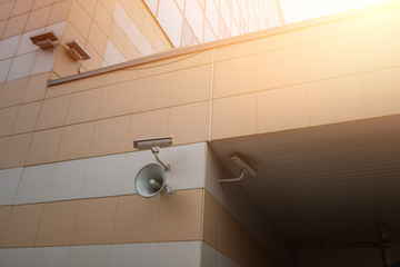 low angle shot on security camera with office building background, security video surveillance