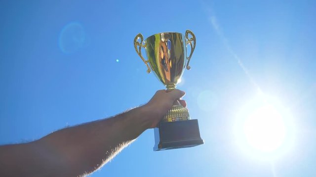 Trophy award raised toward a sunny sky