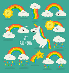 Thees are magic cute unicorns, stars, clouds and rainbows set. Vector illustration. You can use for cards, fridge magnets, stickers, posters or restaurant menu.