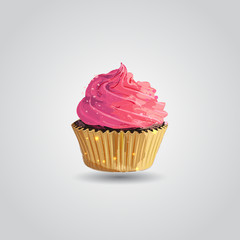 Cupcake with pink creme in golden wrapper. freehand drawing. artistic style