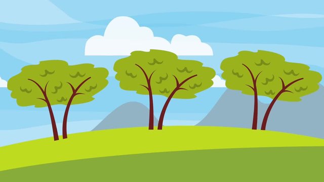 landscape trees field clouds mountains animation