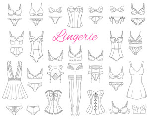 Fashionable female lingerie collection, vector sketch illustration.