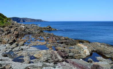 view along the Killick Coast shoreline of the Atlantic ocean, East Coast trail Silver Mine Head Path near Middle Cove, NL Canada