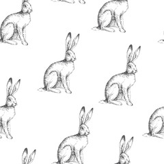 Vector vintage seamless pattern with sitting hare isolated on white. Hand drawn texture with rabbit in sketch style. Background with engraved animal