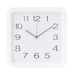 Square white wall  clock, dial on white background, isolated.