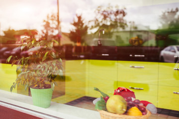 Showcase of furniture store. Interior of modern kitchen. Design