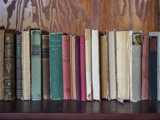 Old worn books standing on a worn bookself