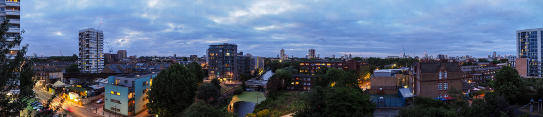 Fototapeta na wymiar Panoramic view of London in the night, but not the center of London, rather Rotherhithe and Shadwell