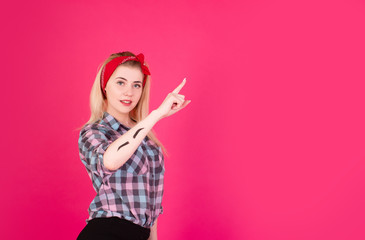 girl in plaid shirt shows eyebrows on different backgrounds and with a happy smile