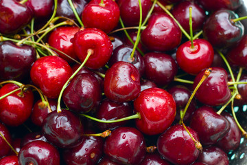 top view red ripe cherries close up texture