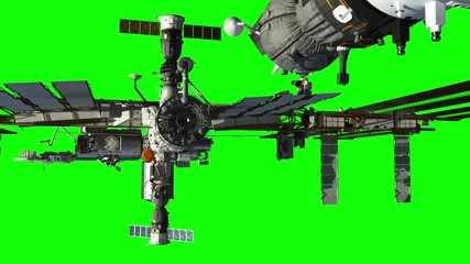 Spacecraft Docking To International Space Station. Green Screen. 3D Animation.