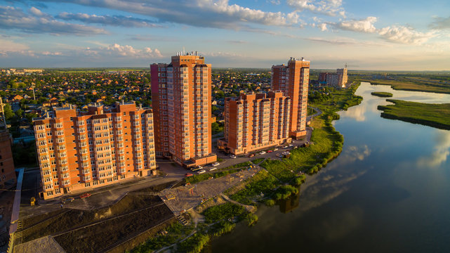 District of the city with new buildings near the river