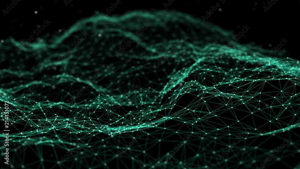 Poster Network connection dots and lines. Technology background. Plexus. Big data background. Green. 3d rendering.