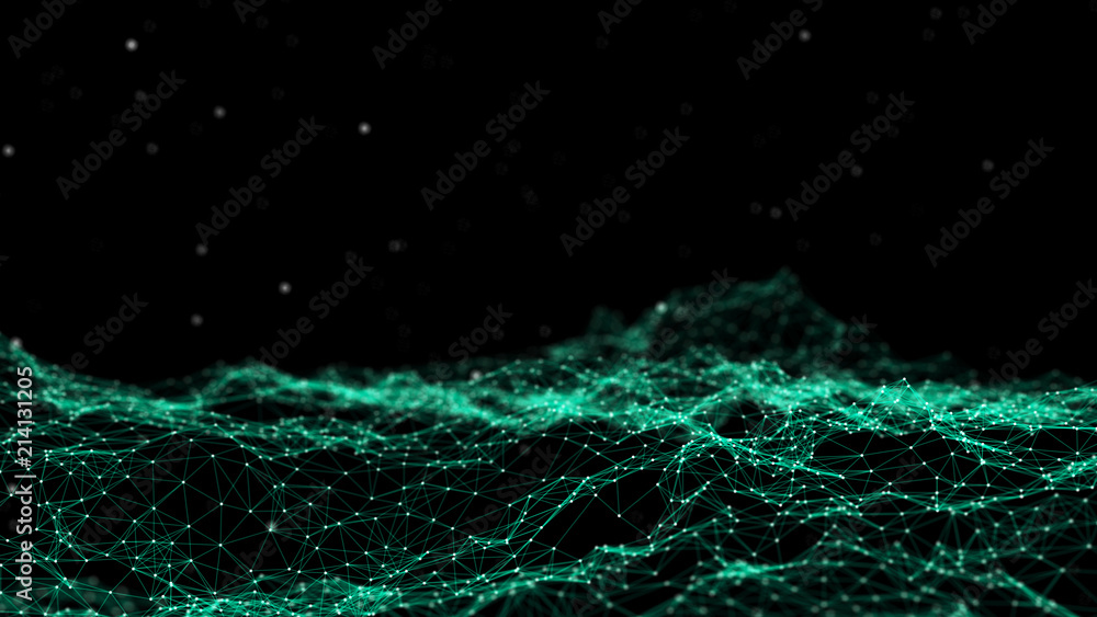 Fototapete Network connection dots and lines. Technology background. Plexus. Big data background. Green. 3d rendering.