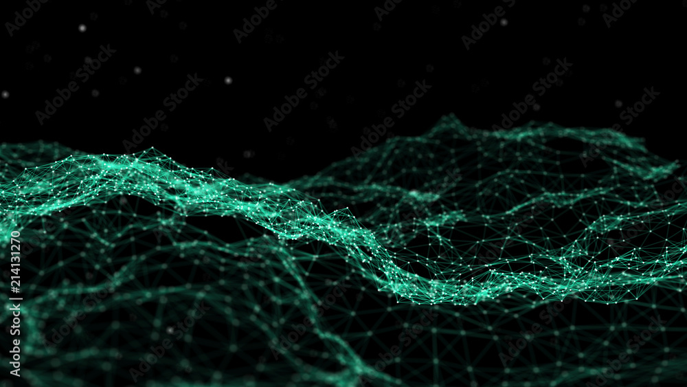Fototapete Network connection dots and lines. Technology background. Plexus. Big data background. Green. 3d rendering.