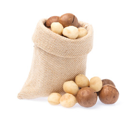 sack of Macadamia isolated on white background.