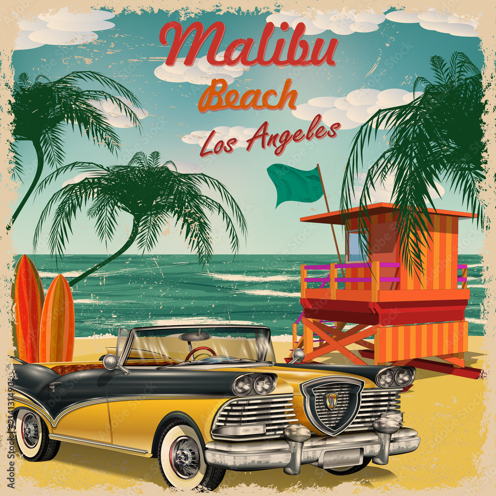 Wall mural Malibu Beach, California retro poster.