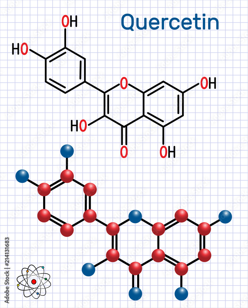 Wall mural quercetin ( flavonoid) molecule. structural chemical formula and molecule model. sheet of paper in a