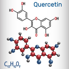 Quercetin ( flavonoid) molecule. Structural chemical formula and molecule model