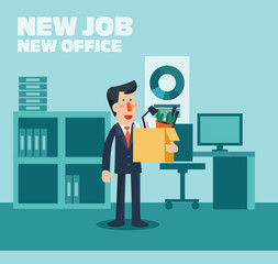 Welcome to the new job vector business concept. Successful smiling young man in the office for new job. Start and time for a new job illustration