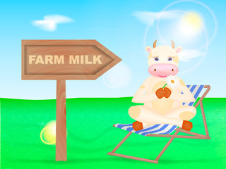 Happy cartoon cow sitting on the chaise-longue. Wooden pointer Farm Milk. Vector illustration