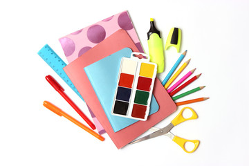 set of stationery on a white background with space for text. back to school. office tools. flat lay, top view