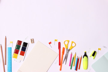 set of stationery on a white background with space for text. back to school. office tools. flat lay, top view