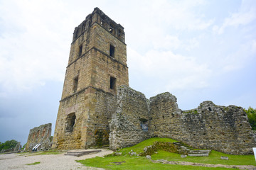 Fototapeta na wymiar Ruins of the cathedral tower of the old City of Panama